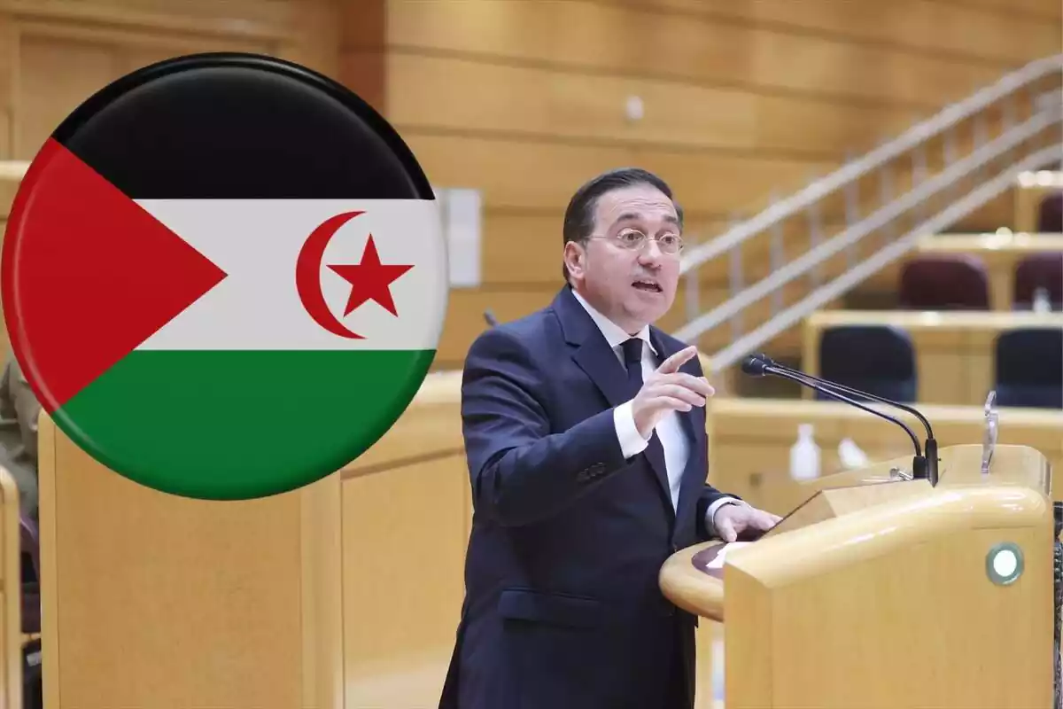 El ministro de Exteriores José Manuel Albares con una bandera saharaui