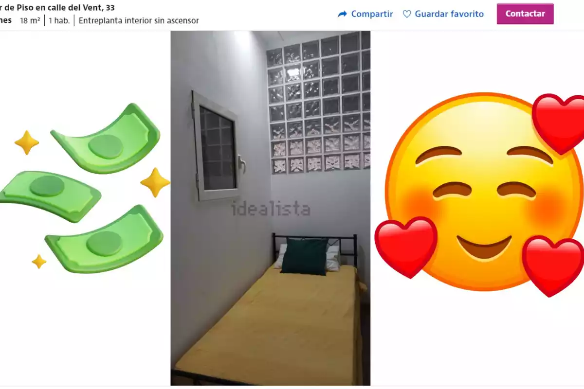 Captura de pantalla de un piso de alquiler de Idealista con dos emoticonos superpuestos