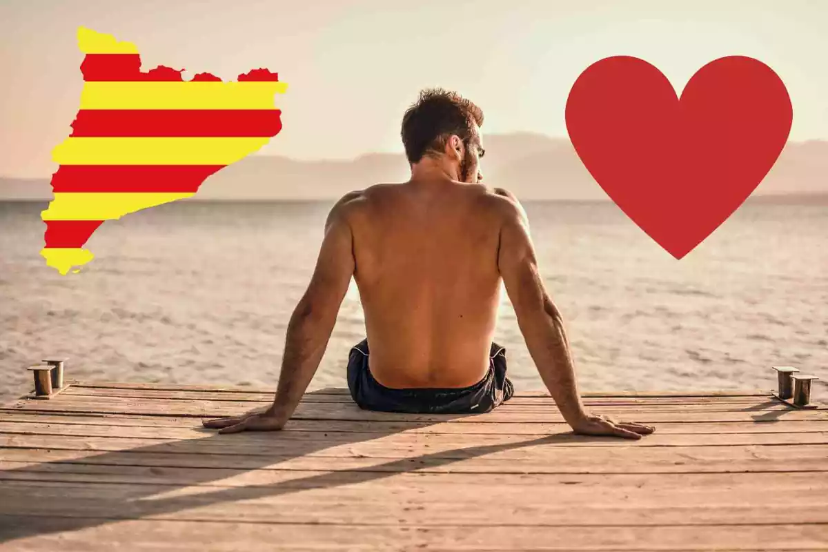 Un hombre de espaldas con un emoticono de amor y un mapa de Cataluña