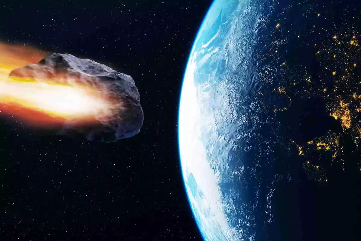 Un asteroide en llamas se dirige hacia la Tierra en el espacio.