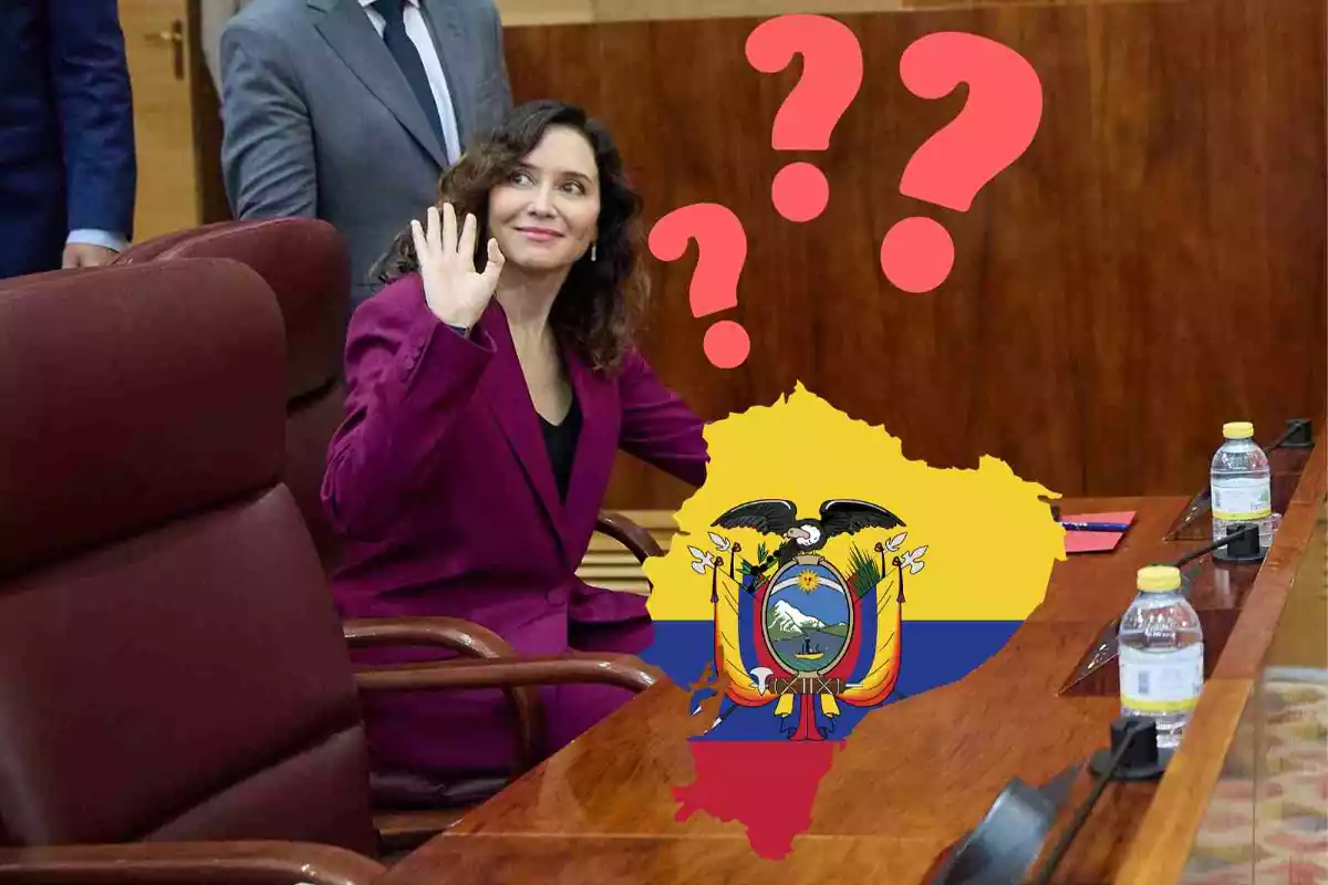 Isabel Díaz Ayuso en un fotomontaje con la bandera de Ecuador e interrogantes