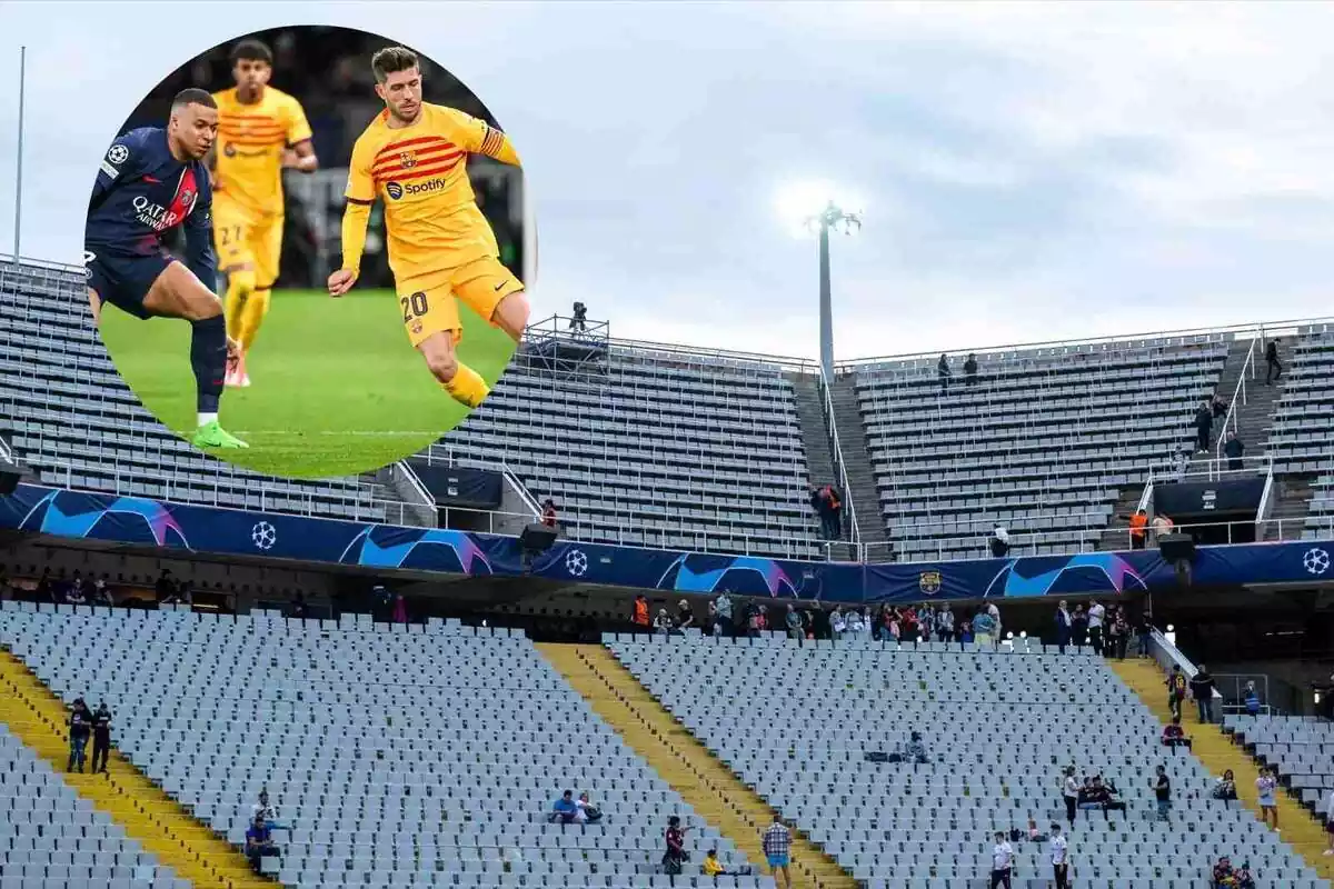 El Estadi Olímpic y una imagen del Barça jugando contra el PSG