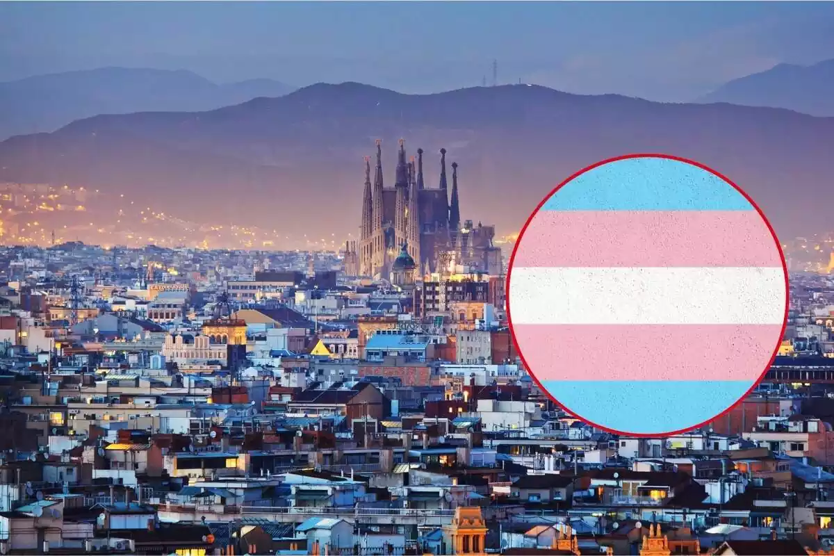 Imagen de Barcelona junto a una bandera trans