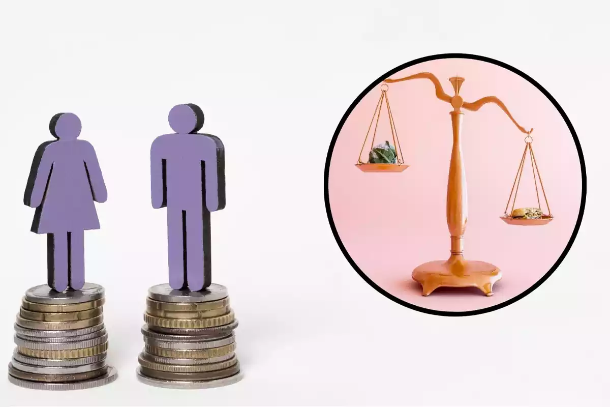 Símbolo del hombre y la mujer sobre monedas con una balanza
