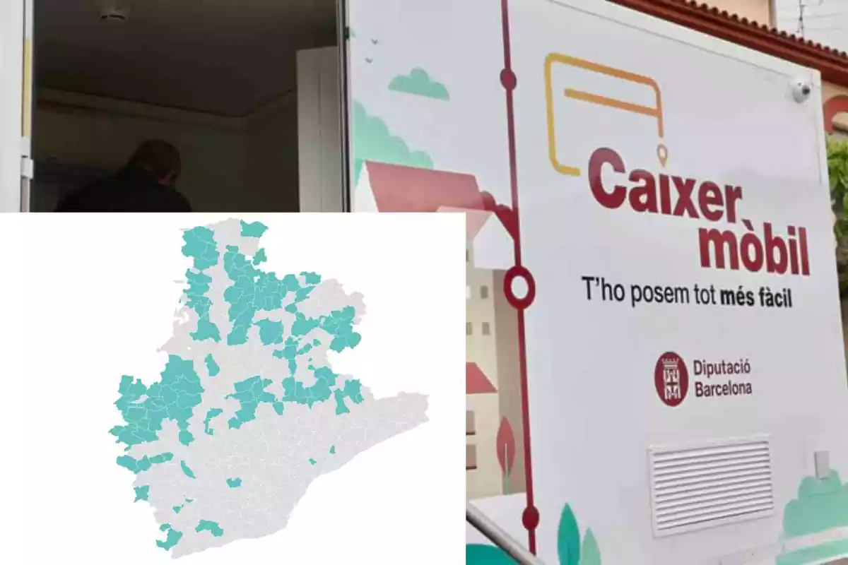 Fotomontaje de un cajero móvil de la Diputación de Barcelona junto a un mapa con los municipios donde estará disponible