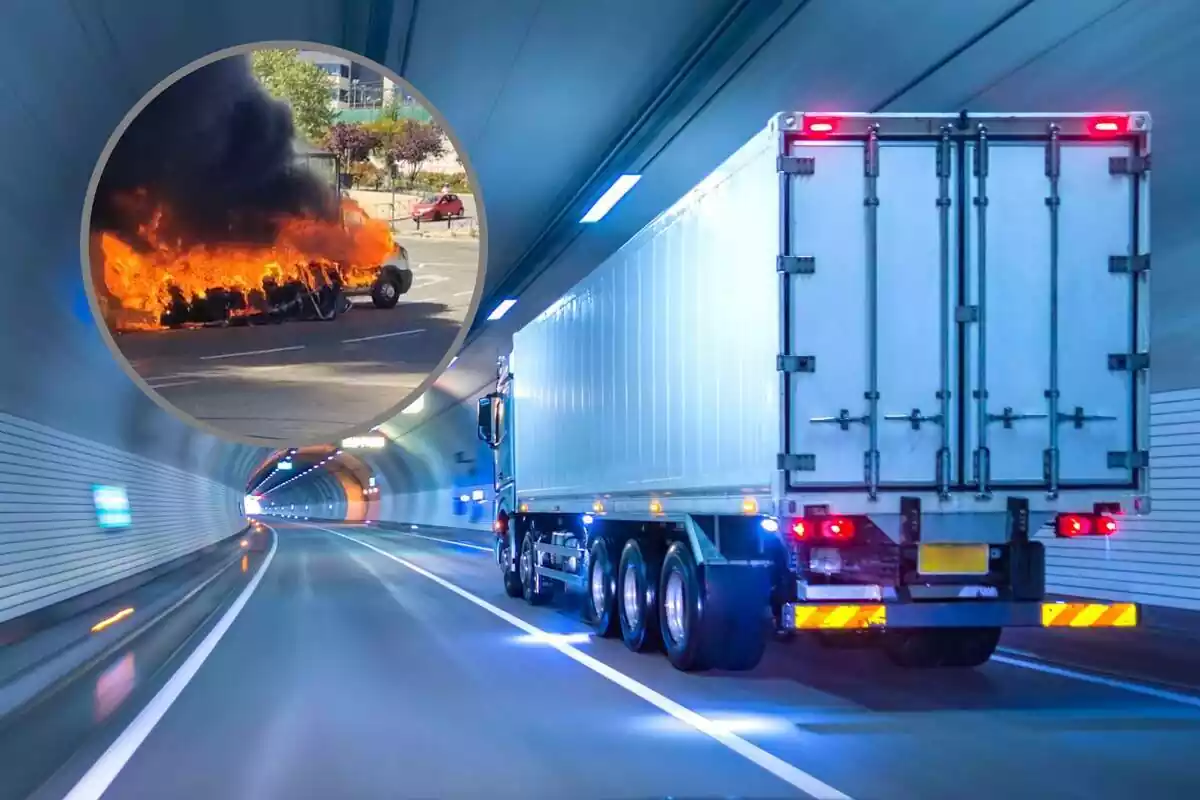 Imagen de archivo de un camión junto a una captura de un camión quemándose