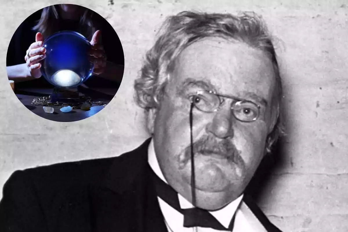 Chesterton junto a una imagen de una bola de predicción