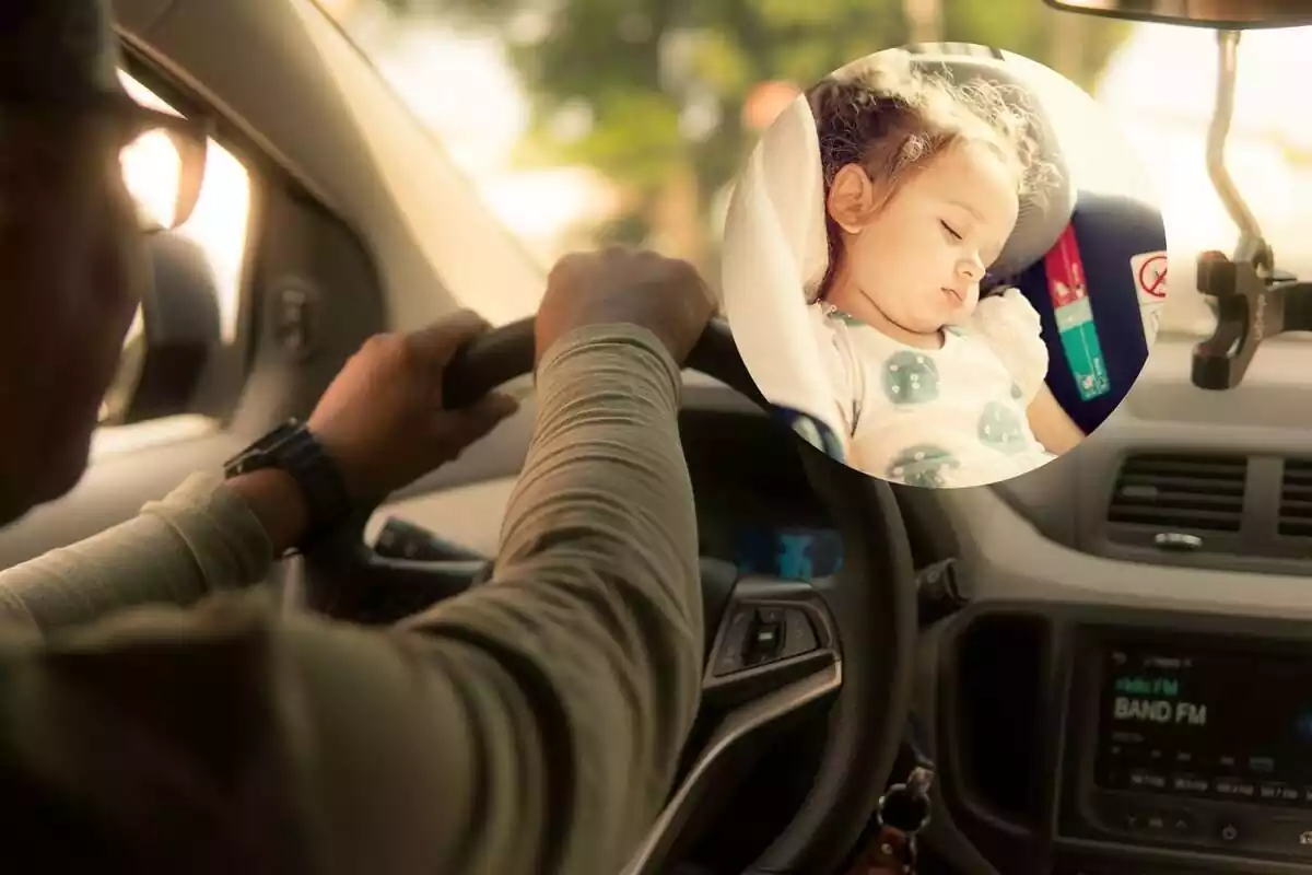 Hombre conduciendo junto a una niña durmiendo