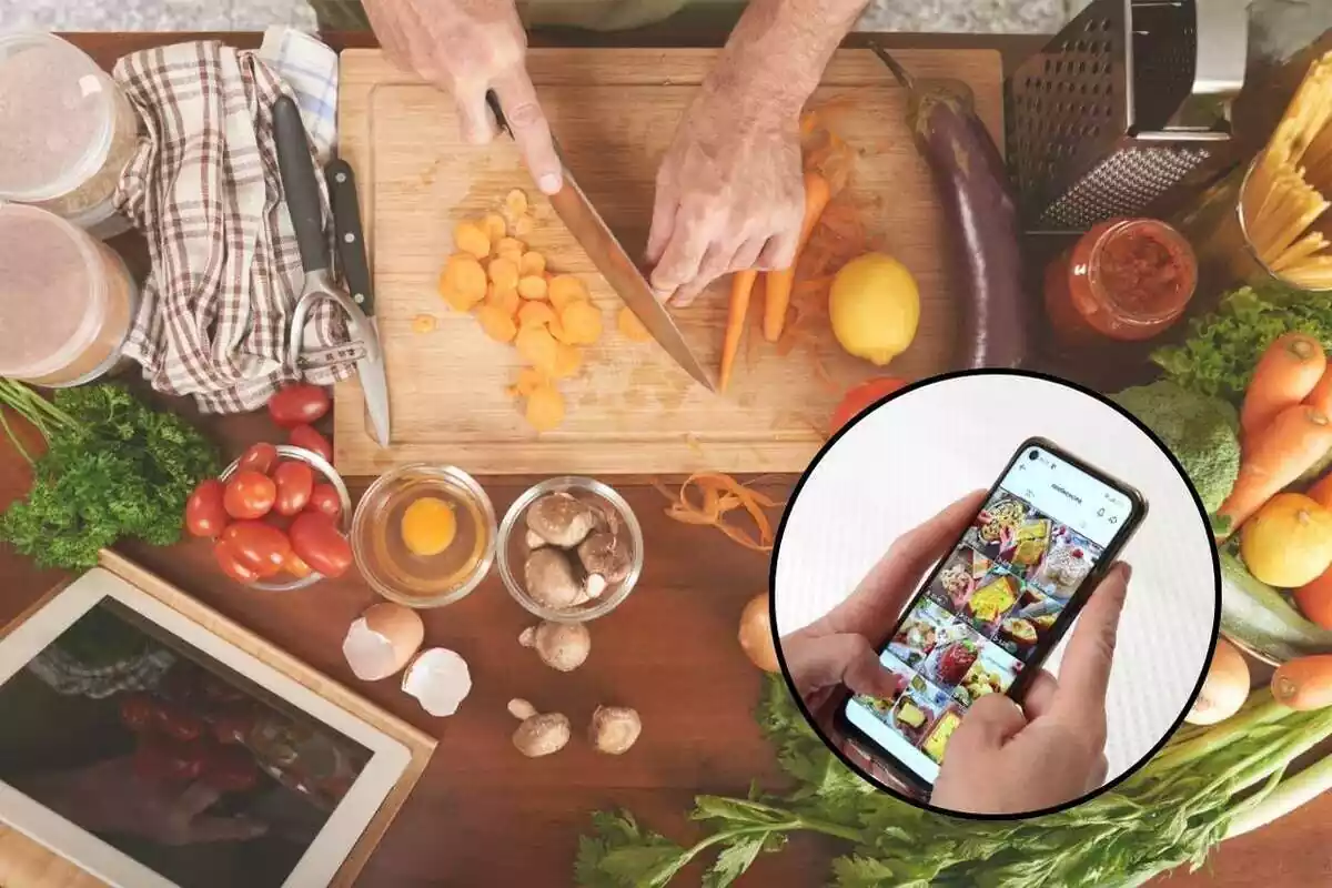 Persona cocinando y un móvil con las redes sociales