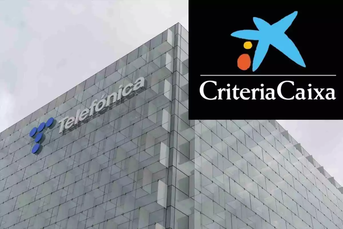 Fotomontaje de un edificio de Telefónica con el logo de CriteriaCaixa