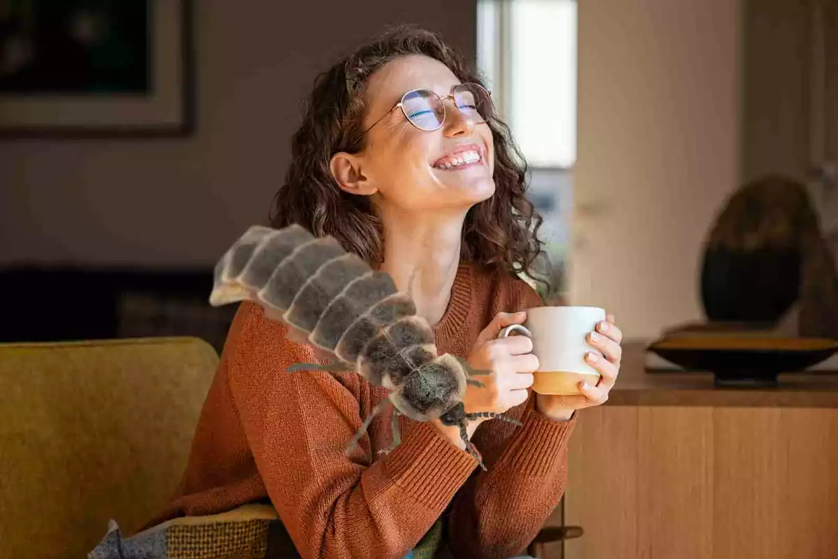 Una mujer toma café con una cucaracha encima