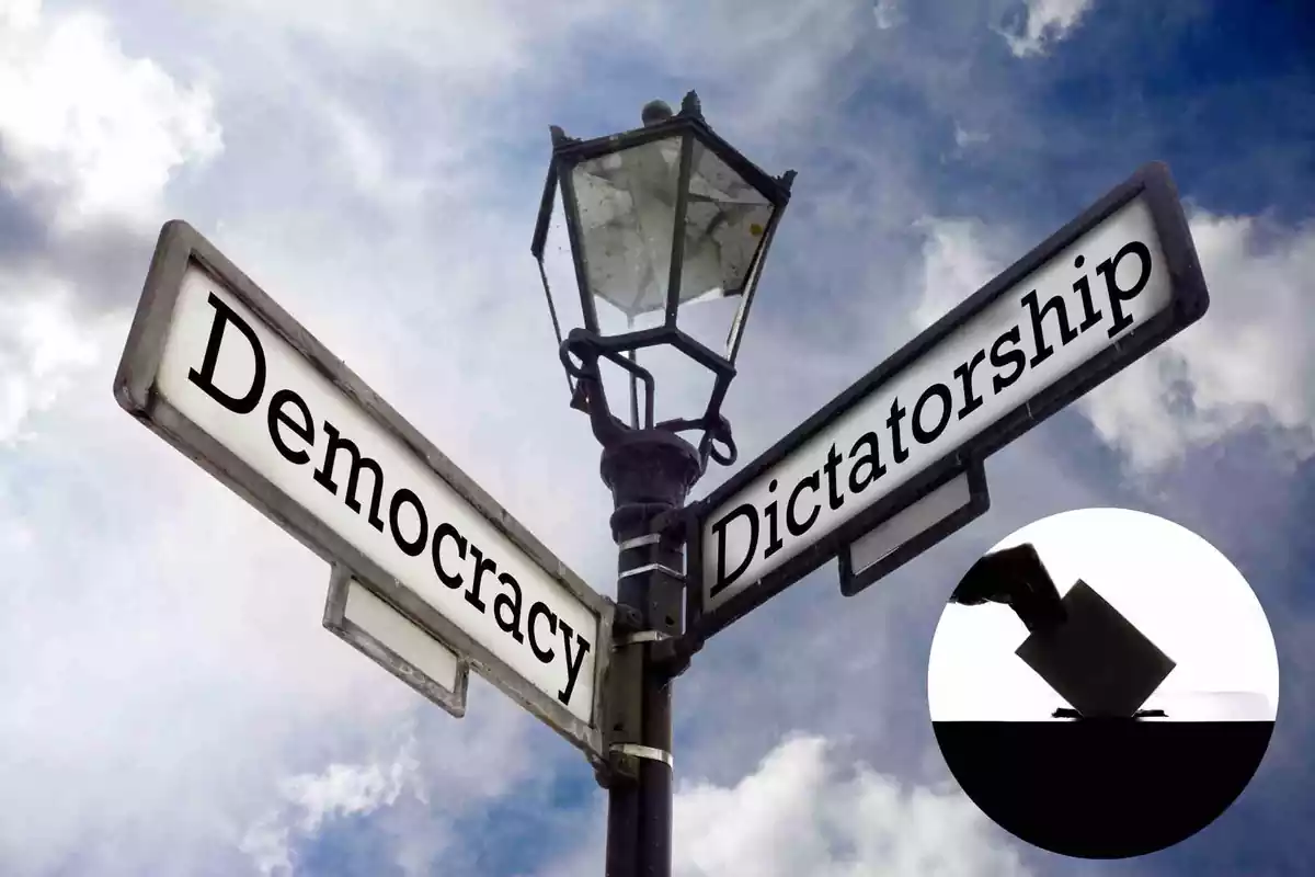 Un letrero con las direcciones de 'democracia' y 'dictadura'