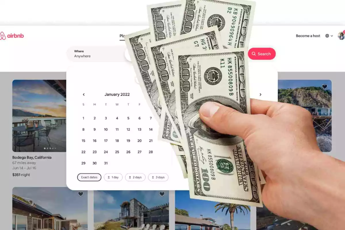 La página web de Airbnb con una mano ofreciendo dinero
