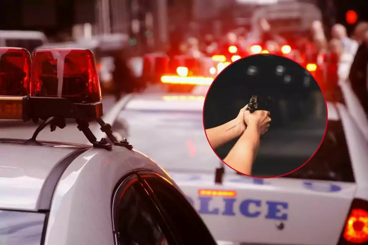 Autos de policía con luces encendidas y una persona apuntando con una pistola en un círculo superpuesto.