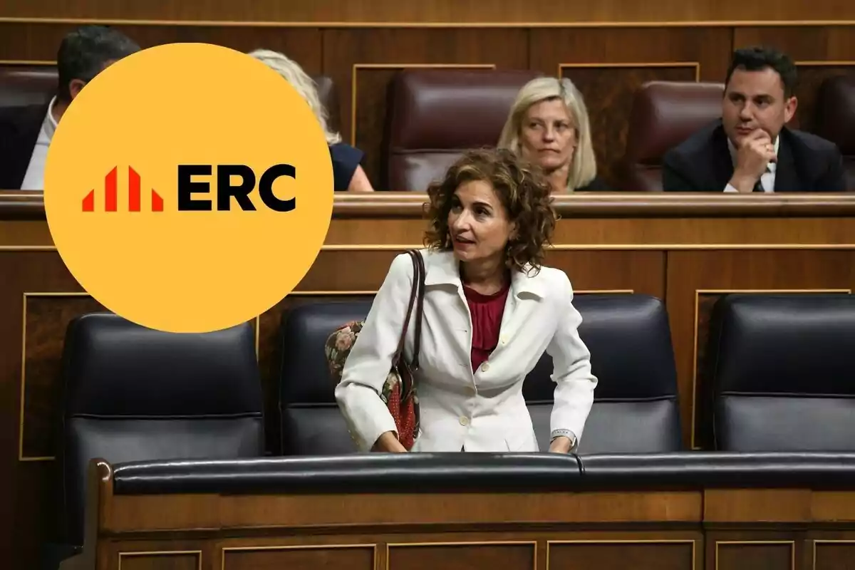 Una mujer de pie en un parlamento con un logotipo de ERC superpuesto en la imagen.