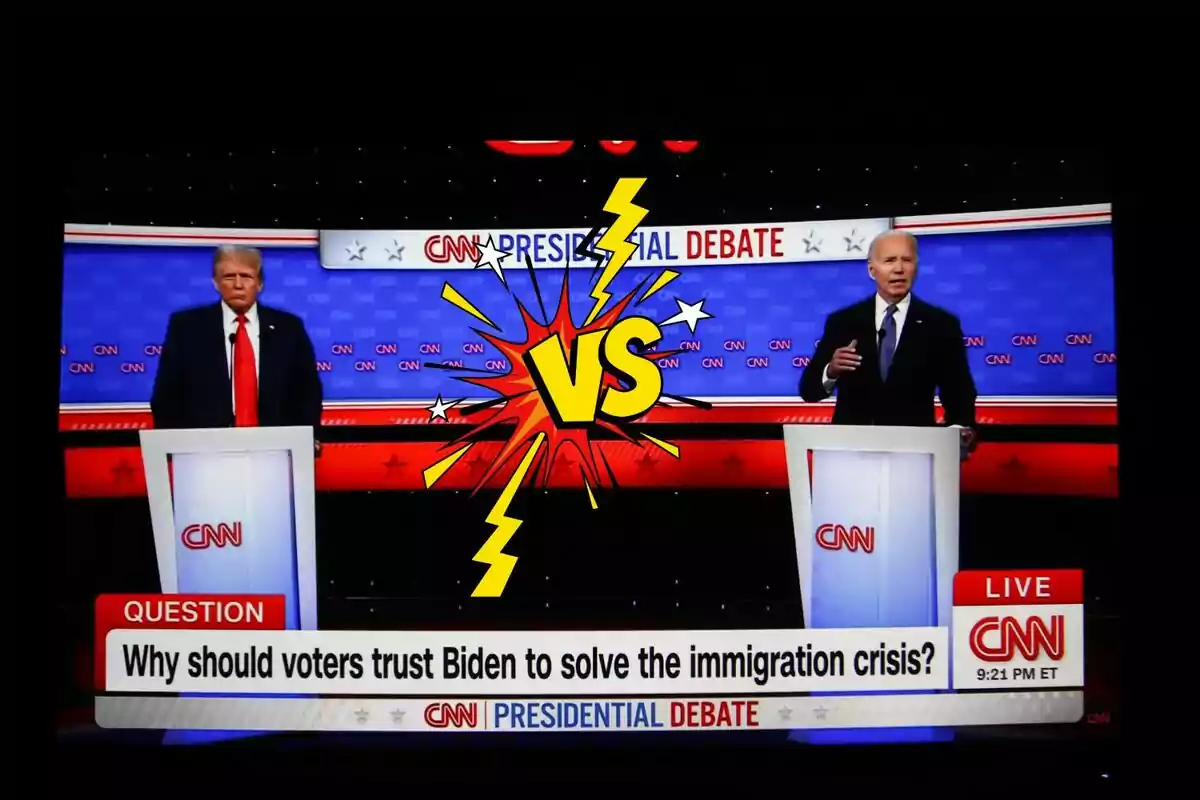 Dos personas en un debate presidencial de CNN con un gráfico de "VS" en el centro y una pregunta en la parte inferior que dice "Why should voters trust Biden to solve the immigration crisis?"