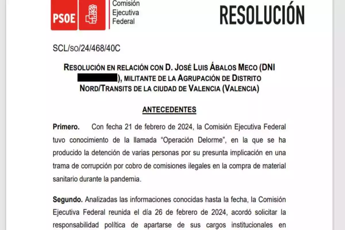 Documento donde el PSOE comunica la dimisión de Ábalos