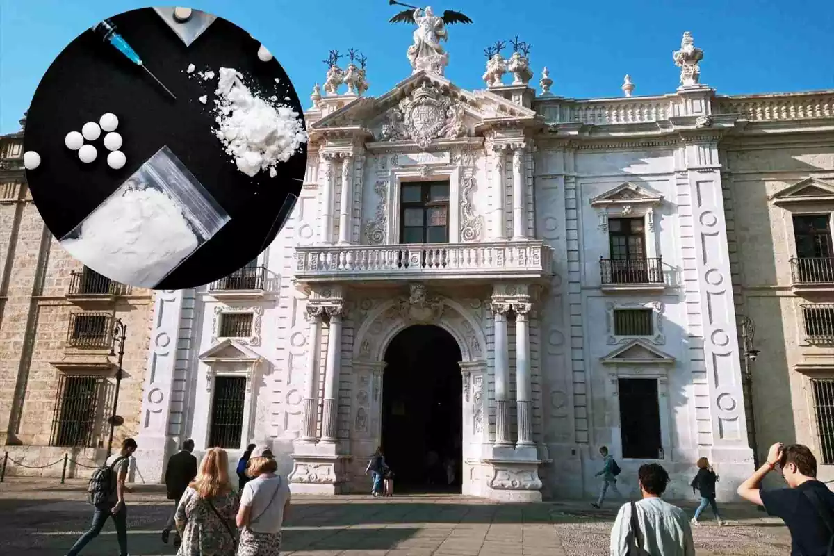 Imagen de recurso de la fachada principal del Rectorado de la Universidad de Sevilla con una imagen de drogas