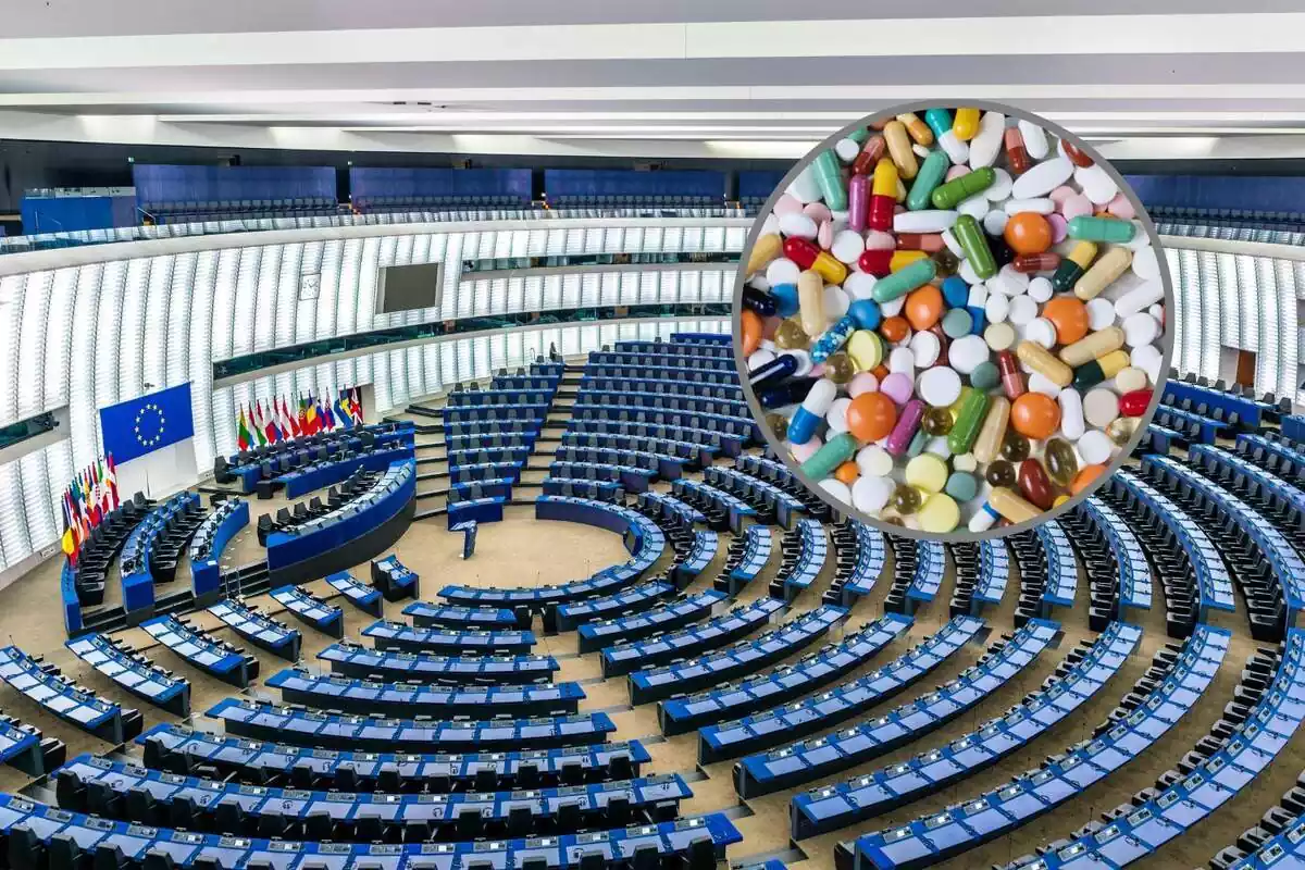 Parlamento Europeo con una imagen de pastillas