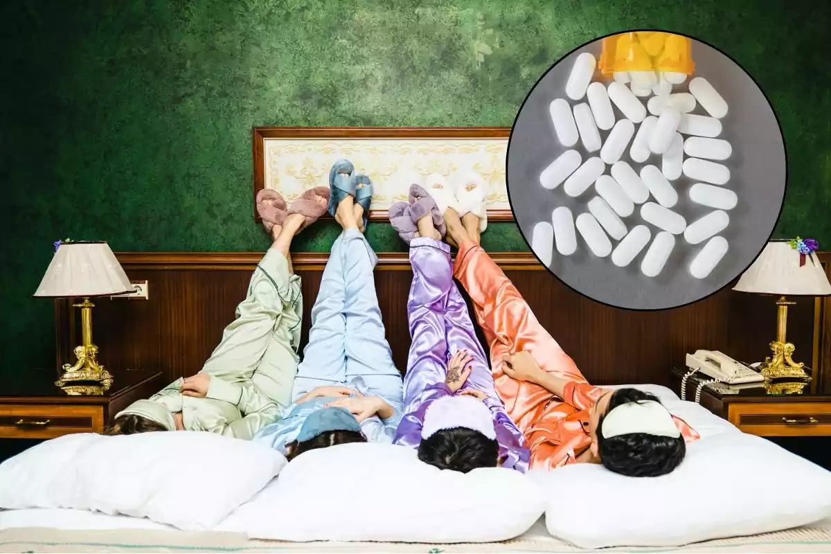 Chicas en una fiesta de pijamas con una imagen de archivo de pastillas