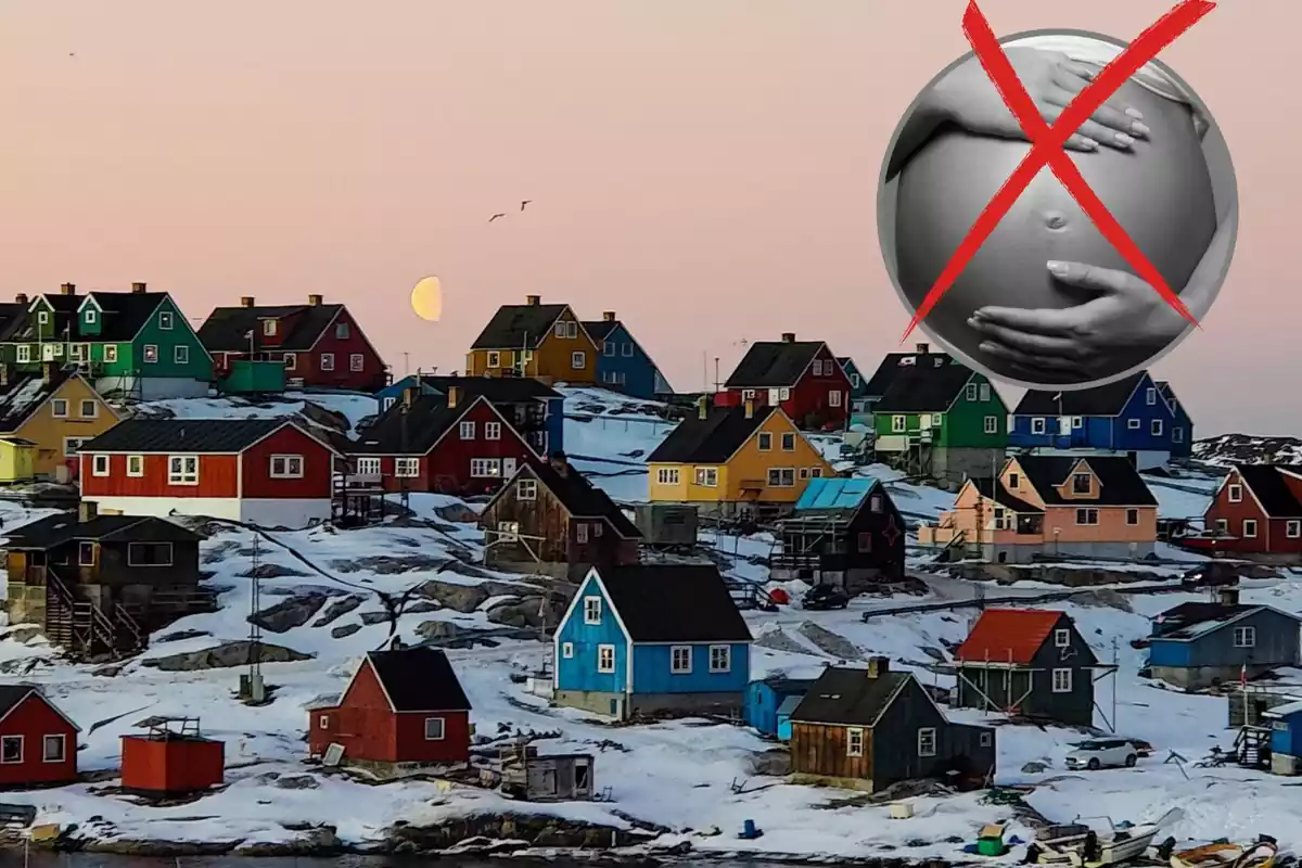 Una imagen de un pueblo de Groenlandia en un fotomontaje con una mujer embarazada y una cruz
