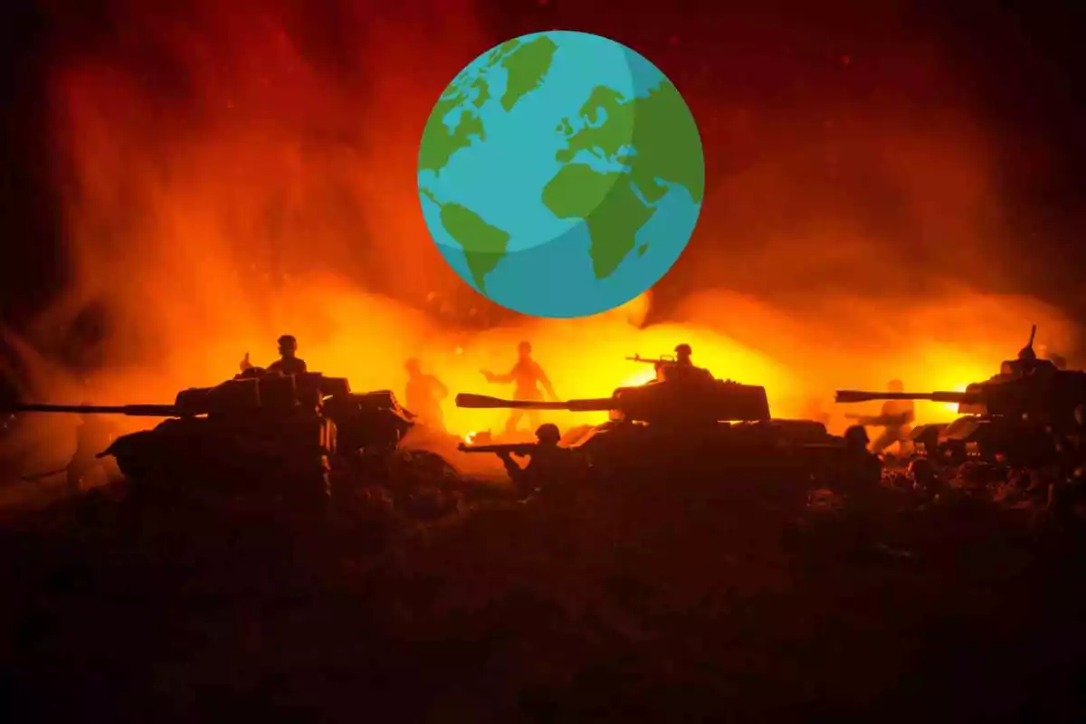 Imagenes de una guerra en un fotomontaje con el planeta Tierra