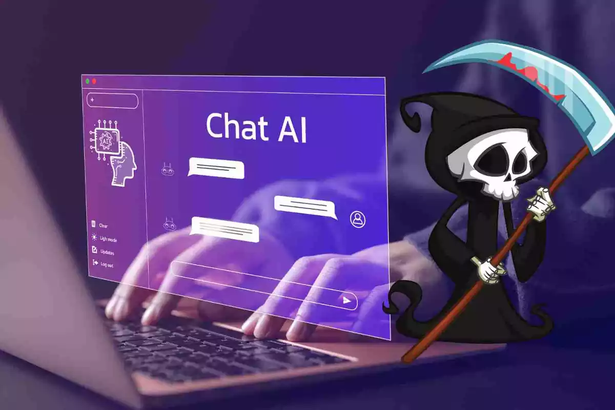 Un hombre chateando con un chat de IA con una figura de la muerte