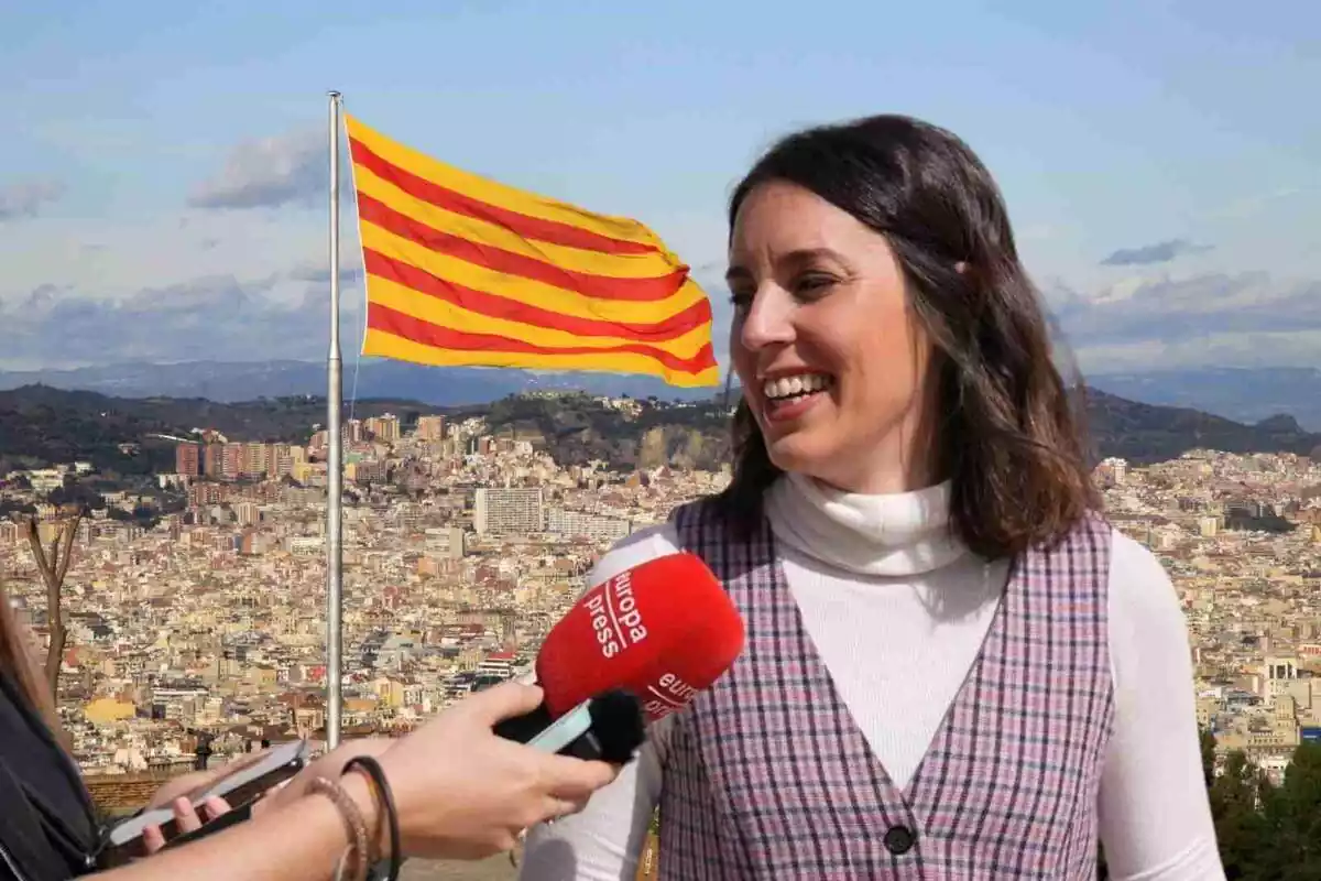 Fotomontaje de Irene Montero con la bandera de Cataluña de fondo