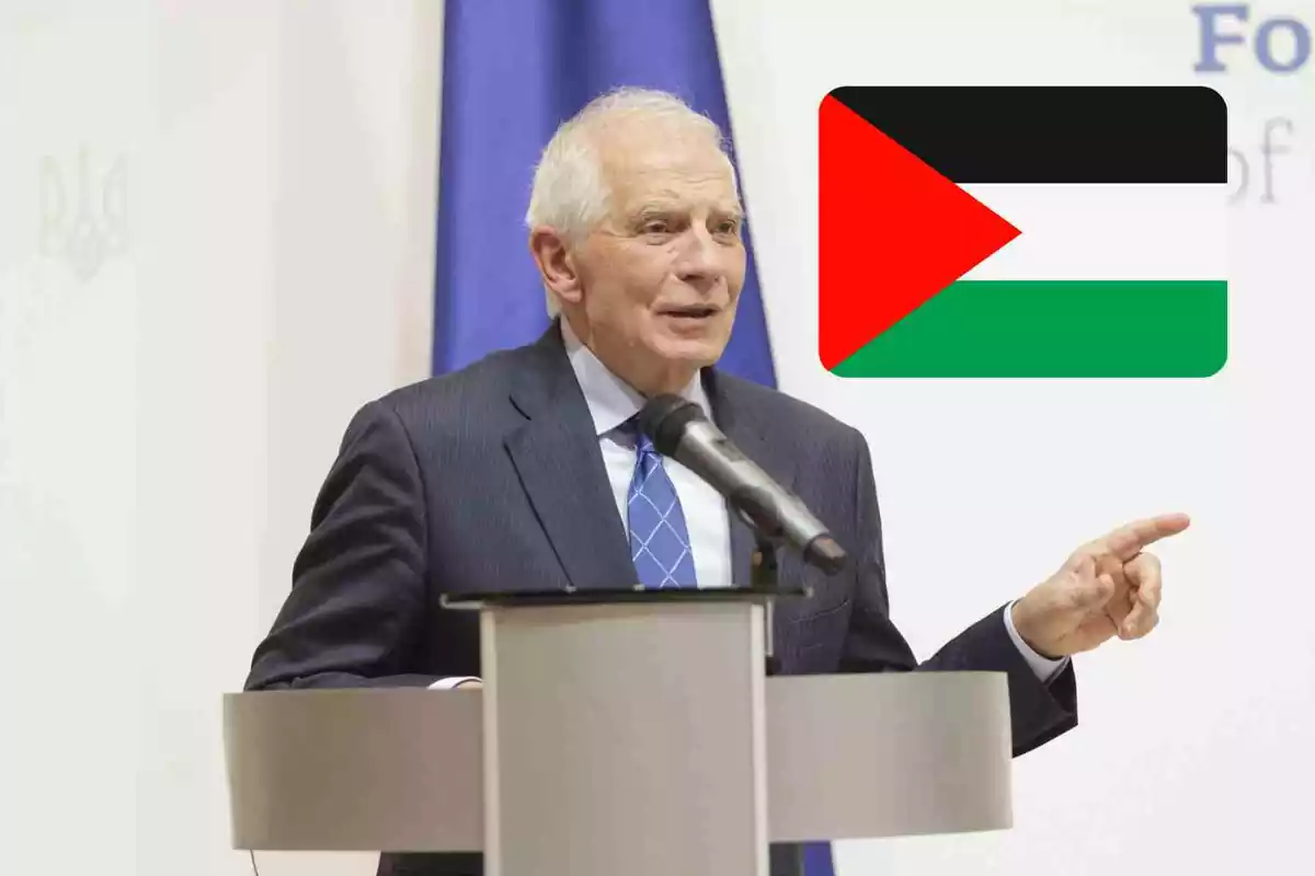 Josep Borrell en un fotomontaje con una bandera de Palestina