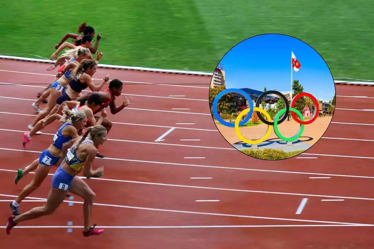 Atletas corriendo junto a los anillos de las Olimpiadas