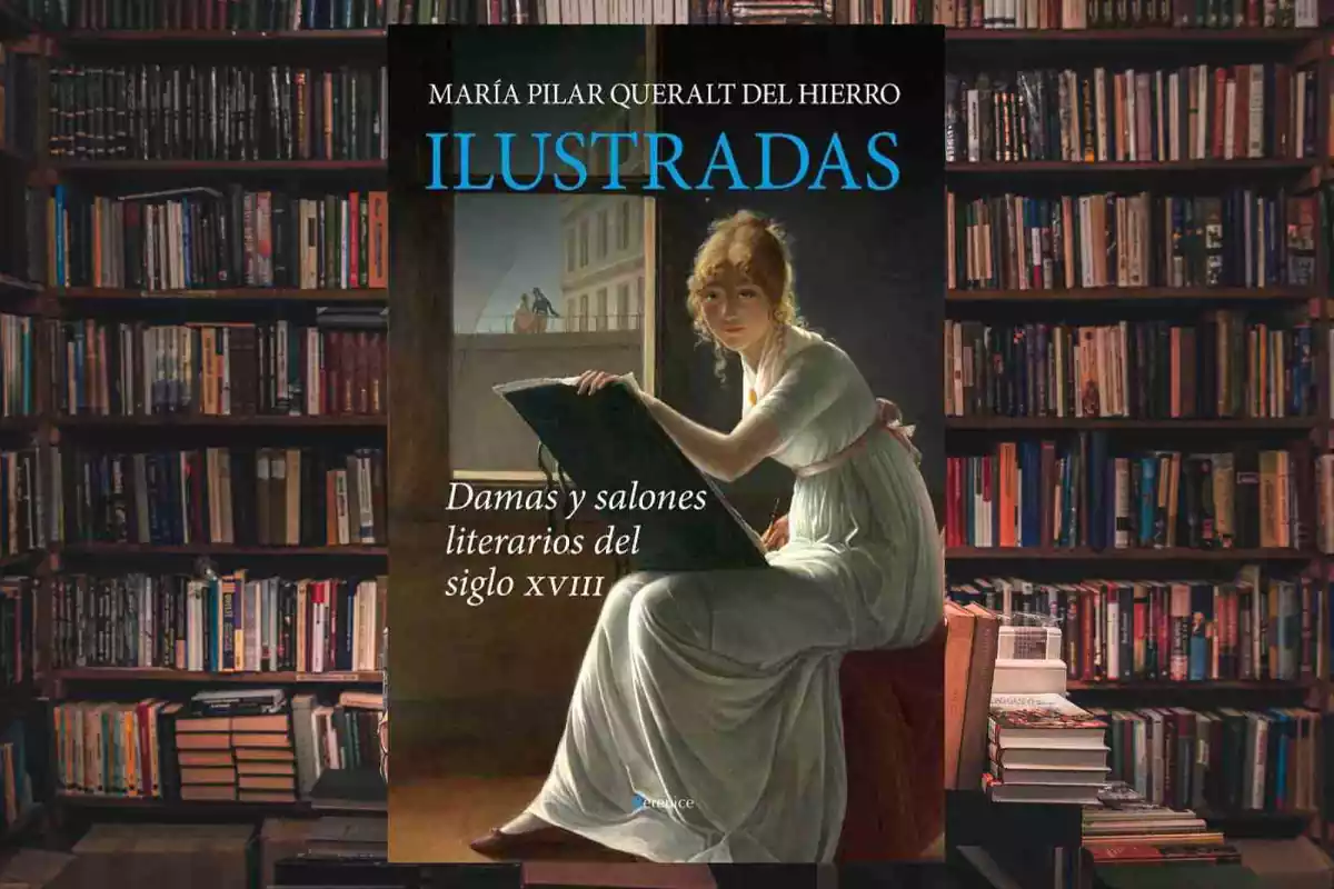 Fotomontaje del libro de María Pilar Queralt sobre una biblioteca