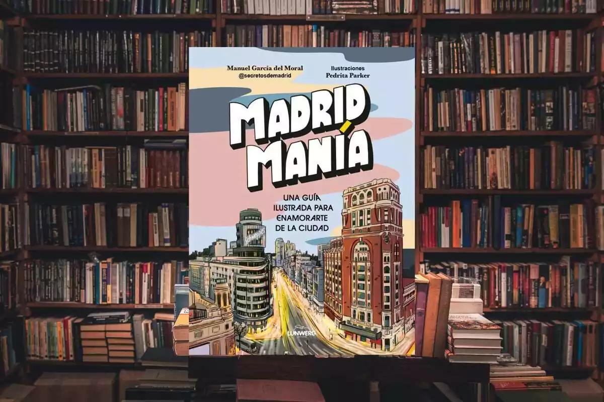 Fotomontaje de una biblioteca con el libro MadridManía