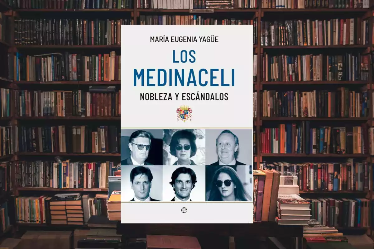 El libro 'Los Medinaceli, nobleza y escándalos' con una biblioteca de fondo