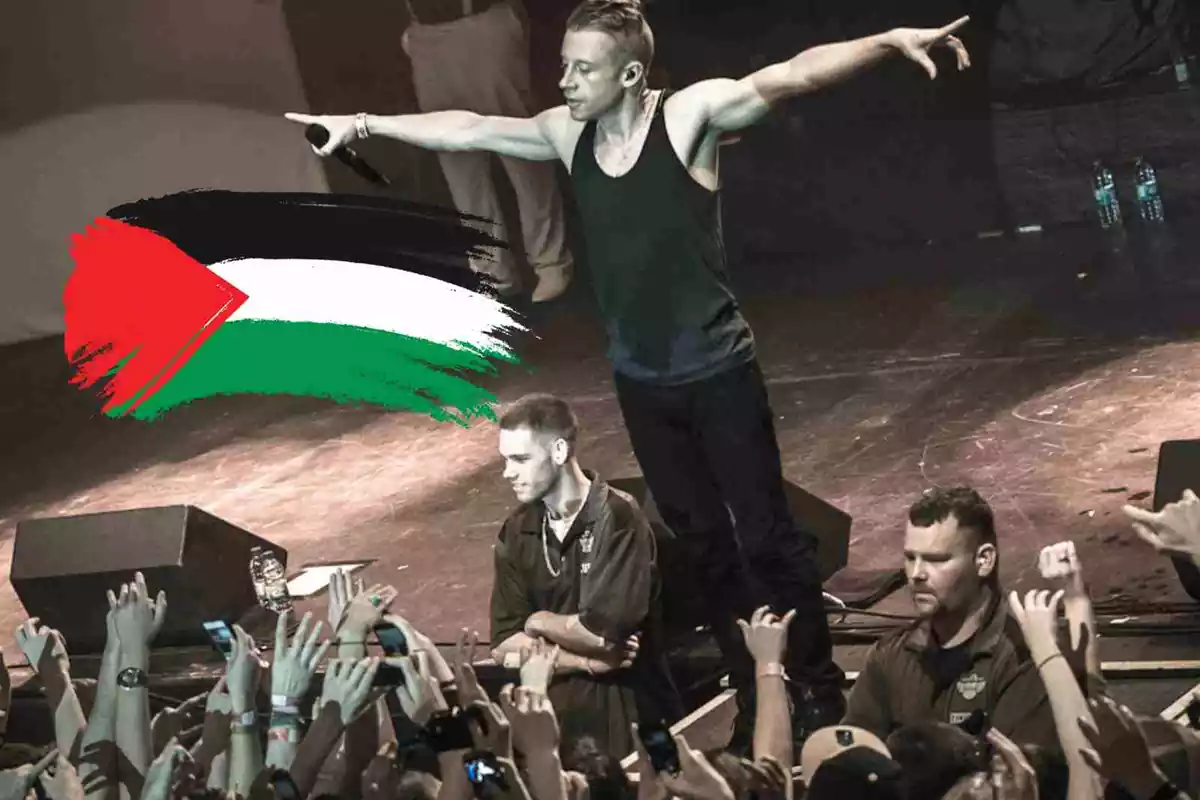 Fotomontaje de Macklemore con la bandera de Palestina