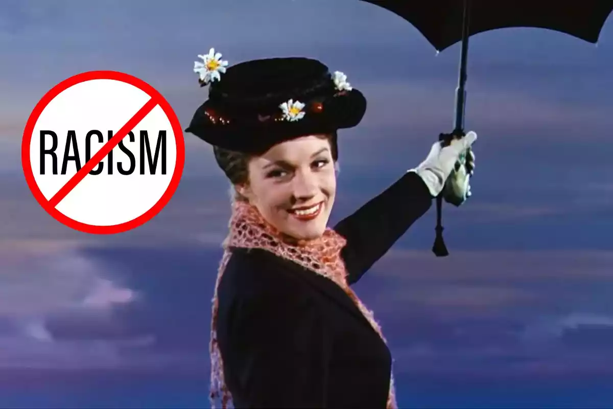Mary Poppins en un fotomontaje con un símbolo de stop racismo
