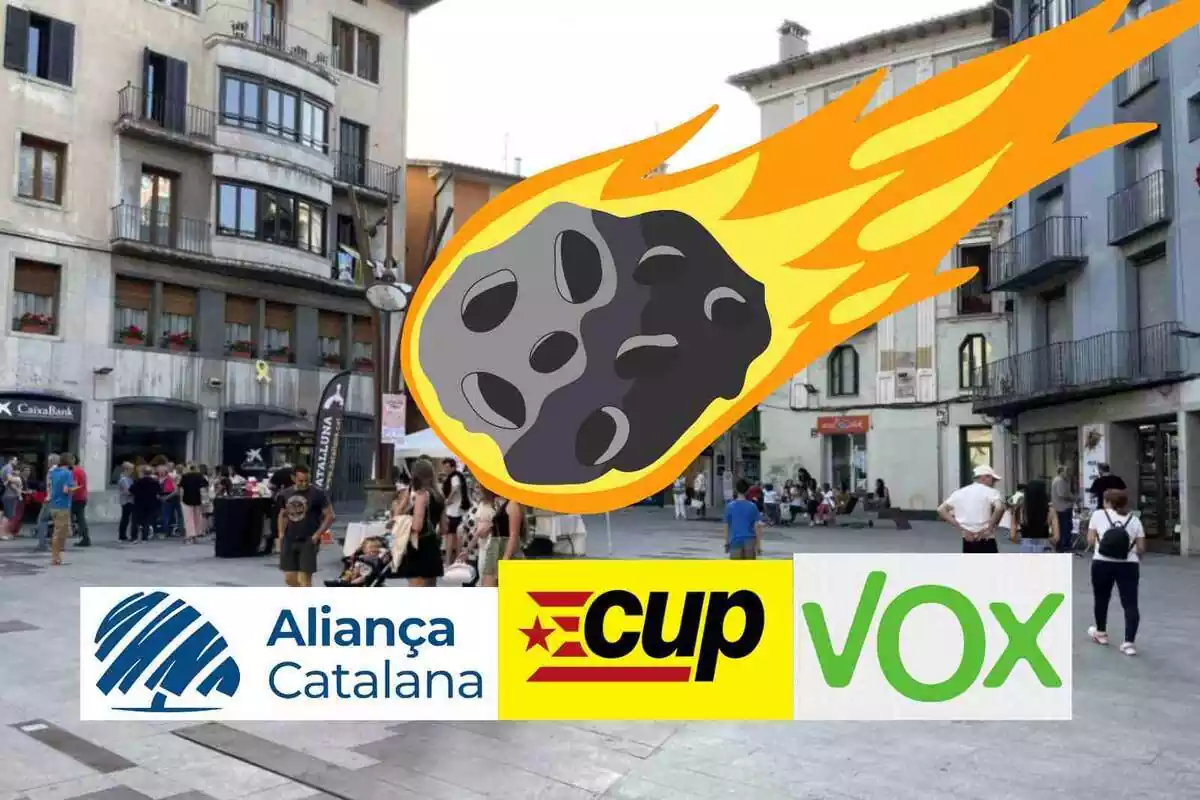 Un fotomontaje con Vox, Aliança Catalana y la CUP en la plaza Eudald de Ripoll con un meteorito cayendo encima