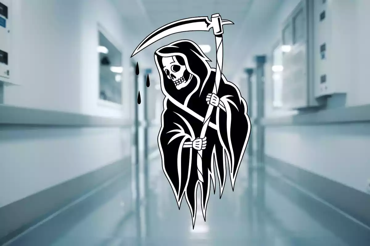 Un fotomontaje de un hospital con la muerte en el centro