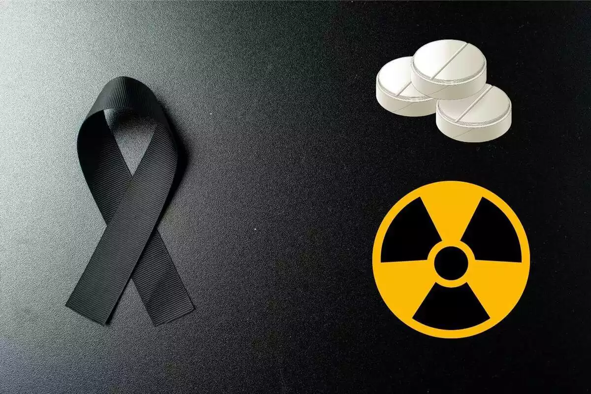 Lazo negro con pastillas y un símbolo de peligrosidad química