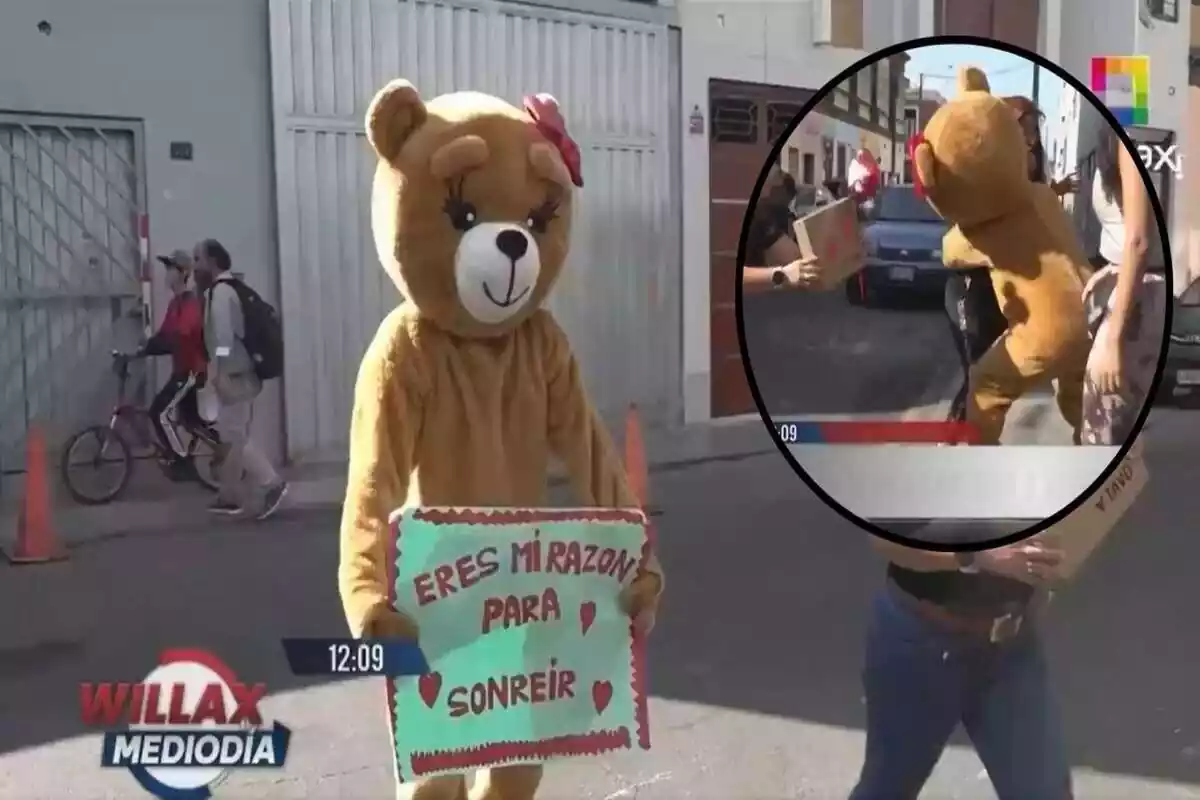 Policía Nacional disfrazado de oso deteniendo a una narcotraficante