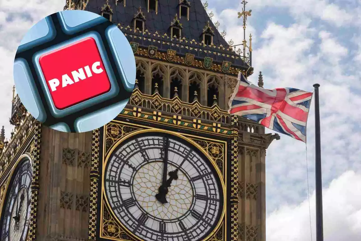 Fotomontaje del Big Ben con un botón de 'pánico'