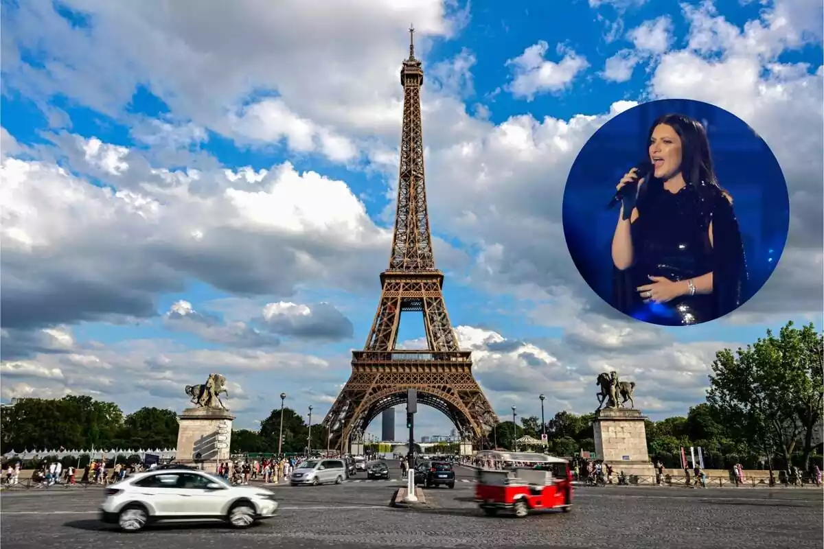 Torre Eiffel de París con una foto de Laura Pausini