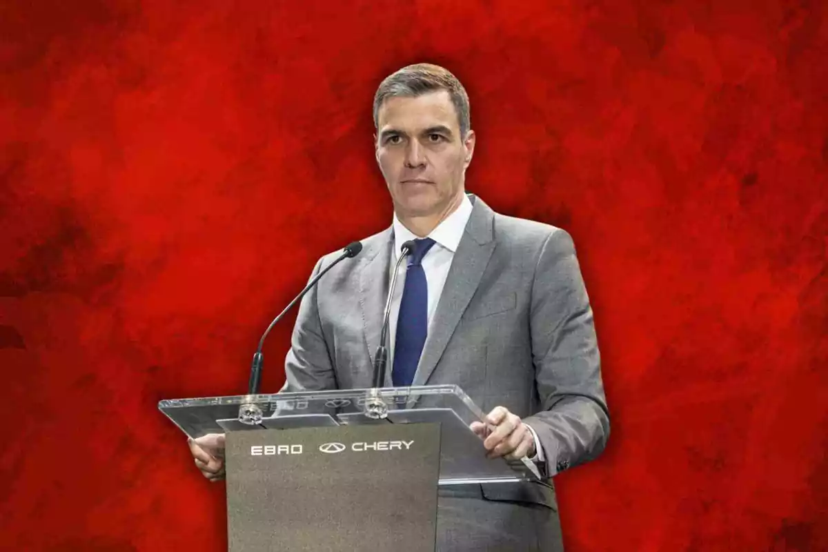 Pedro Sánchez en un fotomontaje con el fondo rojo