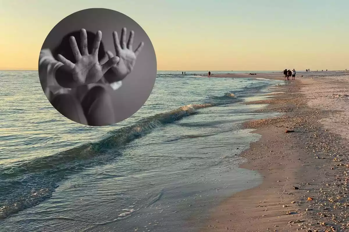 Playa con el mar junto a una imagen de una mujer representando una agresión sexual