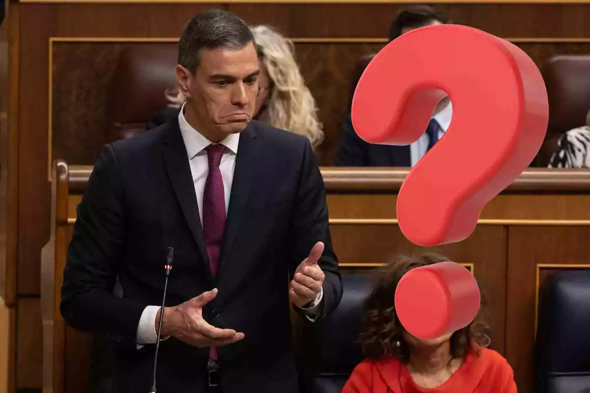 El presidente Pedro Sánchez en un fotomontaje con un signo de interrogación