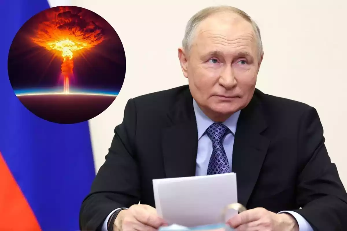 Vladimir Putin en un fotomontaje con una bomba nuclear dentro de un marco