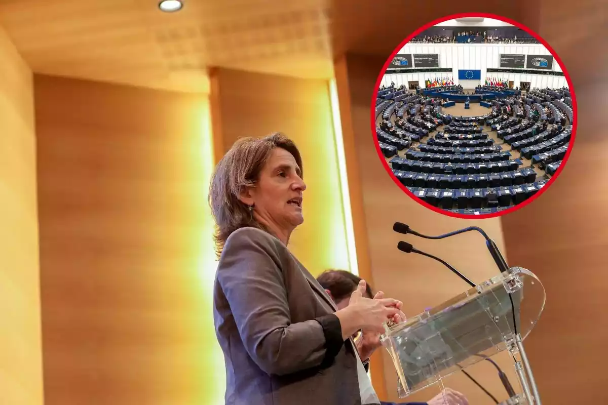 Teresa Ribera con una imagen del Parlamento Europeo
