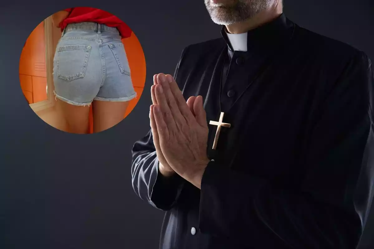 Un fotomontaje de un sacerdote pensando en una mujer con shorts