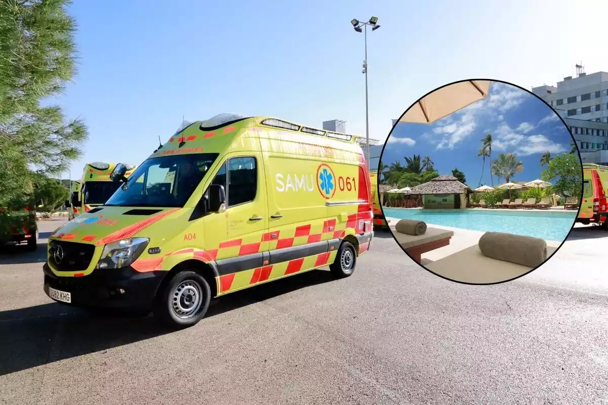 Ambulancia y una imagen de un hotel