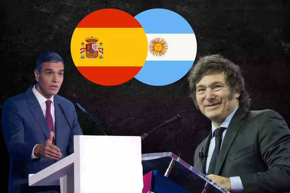 Pedro Sánchez y Javier Milei en un fotmontaje con las banderas española y argentina