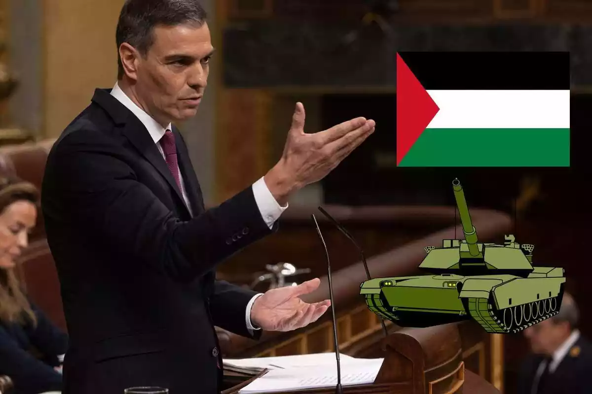 El presidente Pedro Sánchez en un fotomontaje con la bandera de Palestina y un tanque
